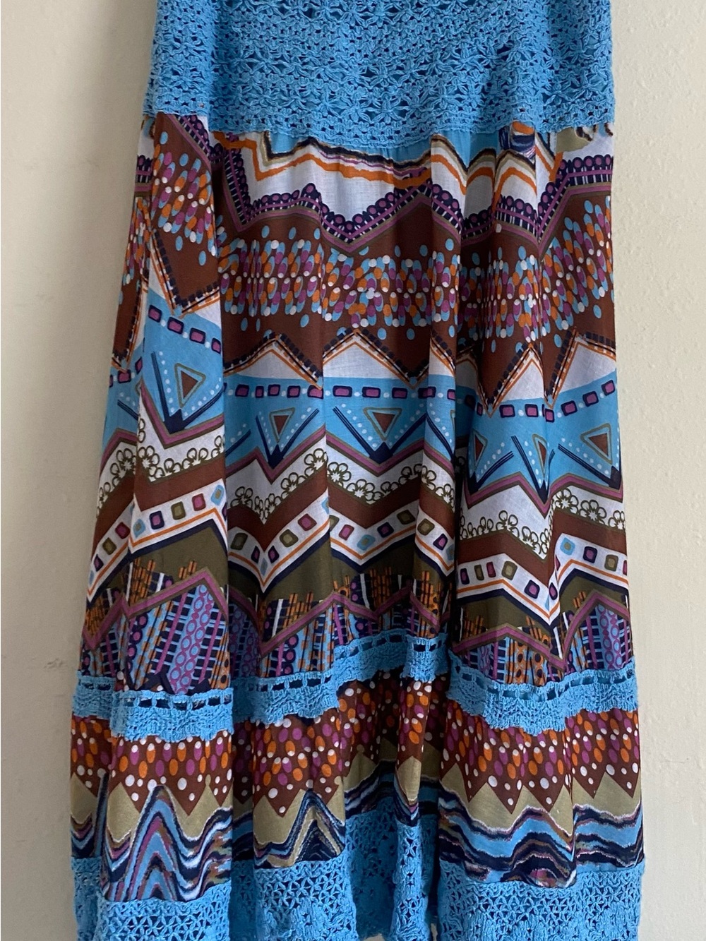 Lapis Aqua Crochet-Trim Maxi Skirt with Geometric Print